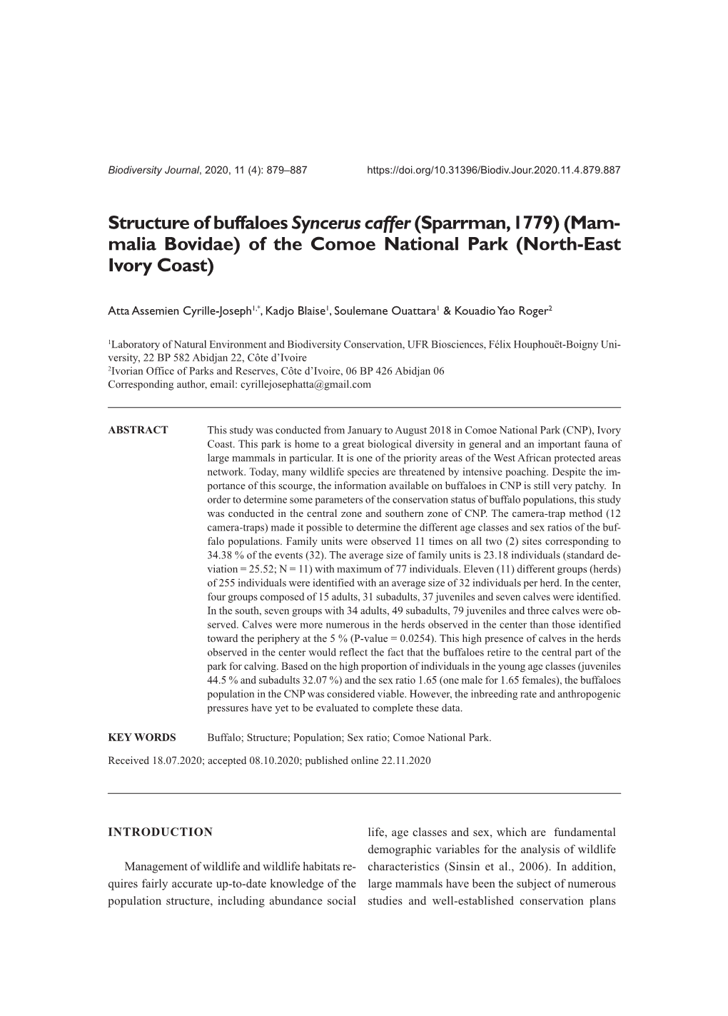 Structure of Buffaloes Syncerus Caffer (Sparrman, 1779) (Mam- Malia Bovidae) of the Comoe National Park (North-East Ivory Coast)