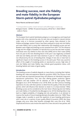 Breeding Success, Nest Site Fidelity and Mate Fidelity in the European Storm-Petrel Hydrobates Pelagicus