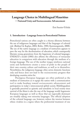 Language Choice in Multilingual Mauritius ―National Unity and Socioeconomic Advancement