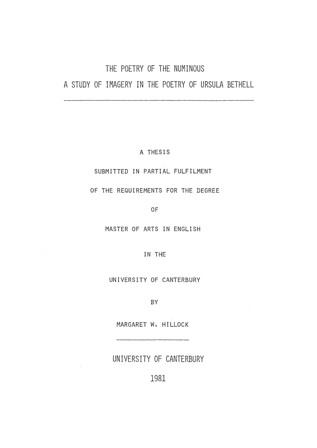 The Poetry of the Numinous a Study of Imagery in the Poetry of Ursula Bethell