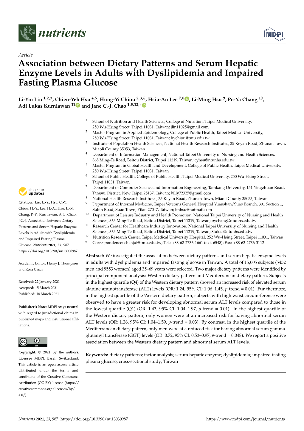 Association Between Dietary Patterns and Serum Hepatic Enzyme Levels in Adults with Dyslipidemia and Impaired Fasting Plasma Glucose