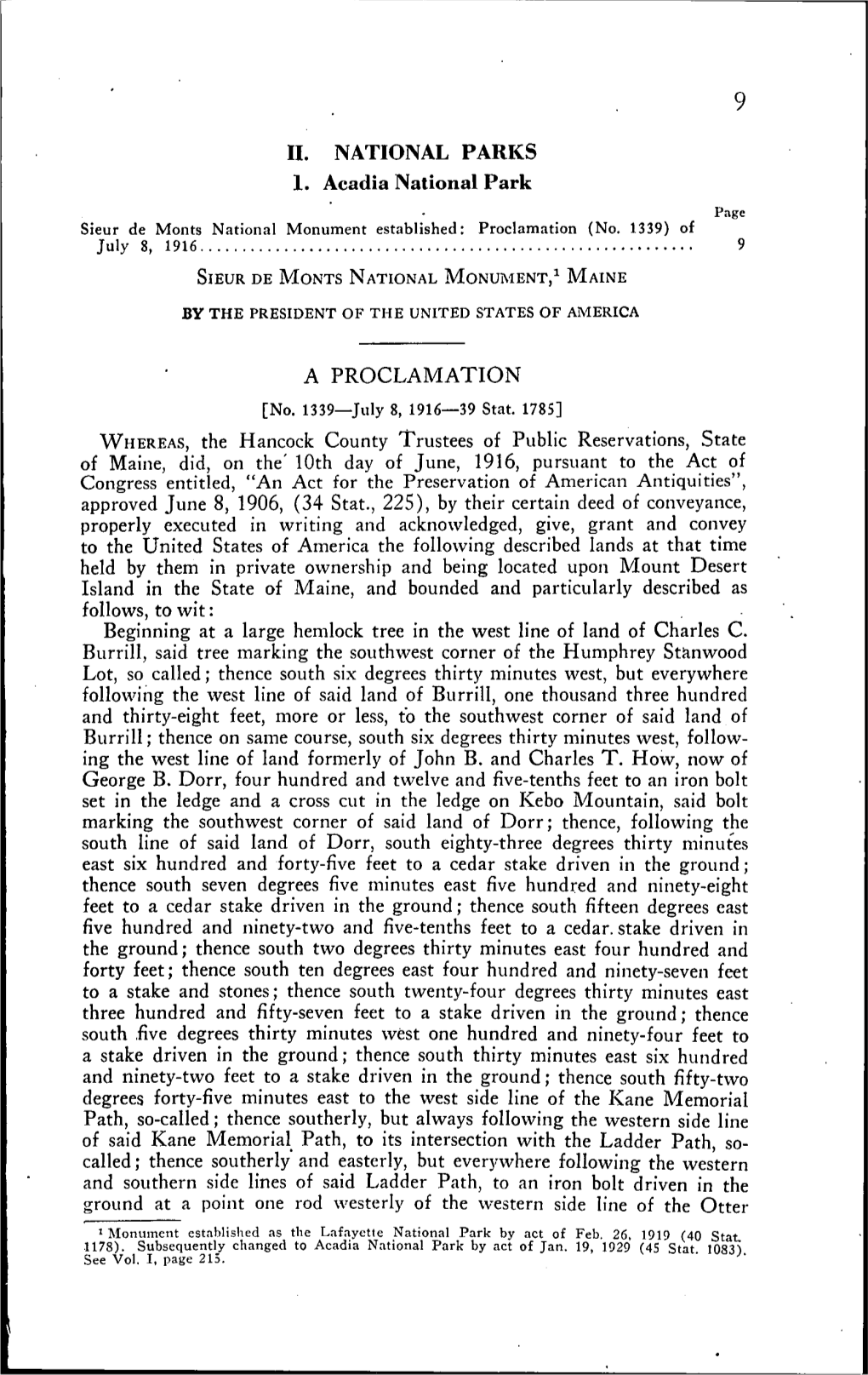 II. NATIONAL PARKS 1. Acadia National Park Page Sieur De Monts National Monument Established: Proclamation (No