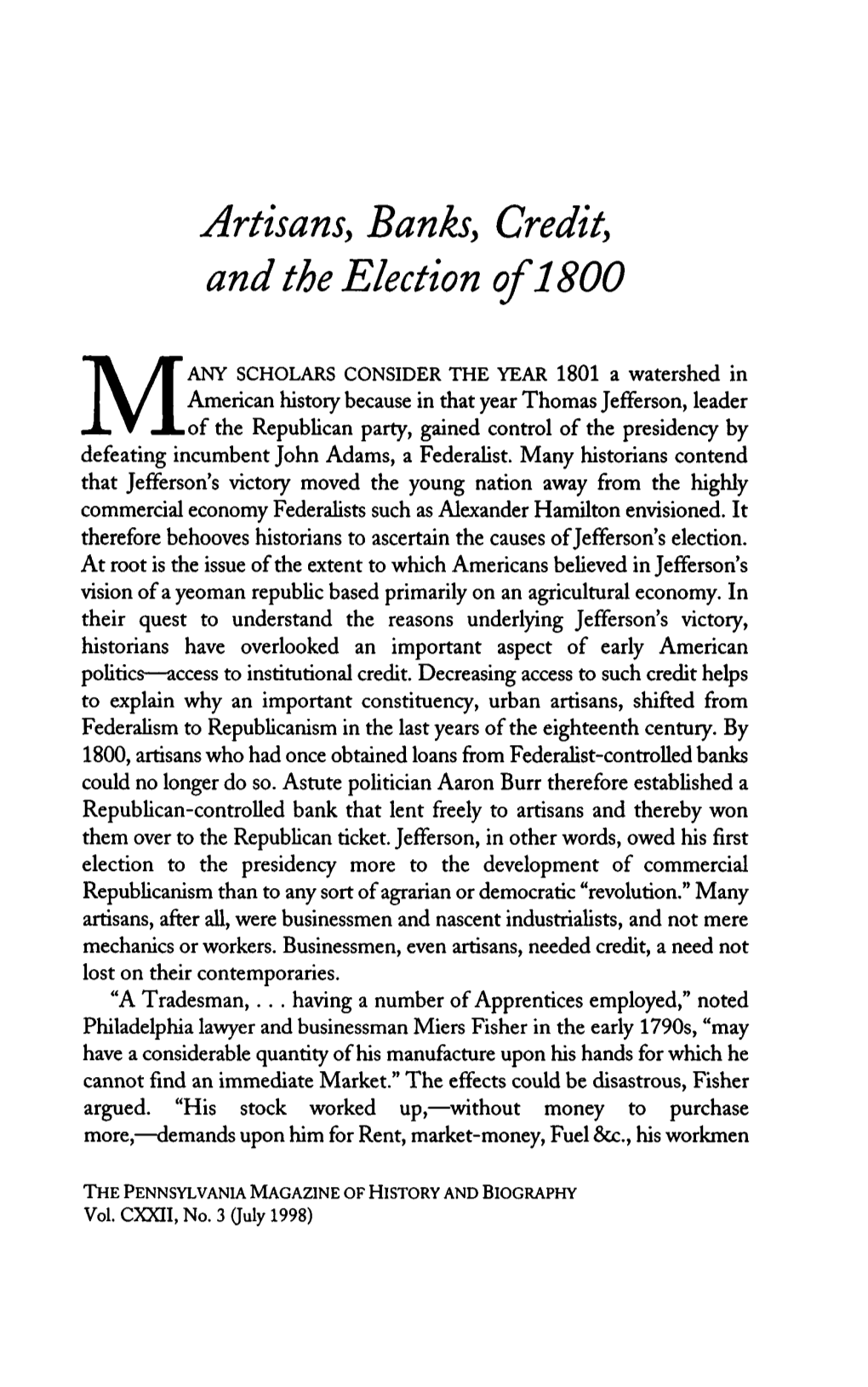 Artisans, Banks, Credit, and the Election of 1800