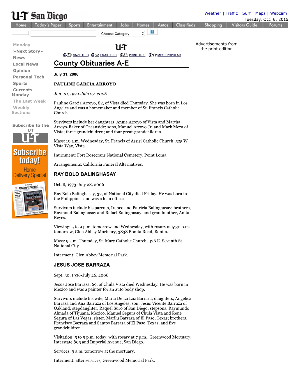 County Obituaries A-E Opinion July 31, 2006 Personal Tech Sports PAULINE GARCIA ARROYO Currents Monday Jan