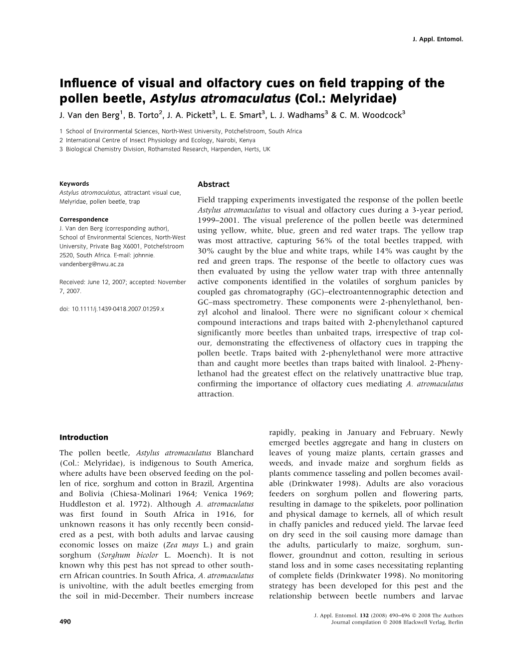 Influence of Visual and Olfactory Cues on Field Trapping of the Pollen Beetle, Astylus Atromaculatus (Col.: Melyridae)