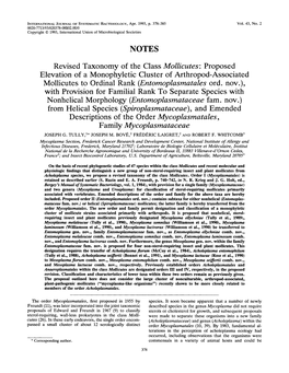 Revised Taxonomy of the Class Mollicutes: Proposed Elevation of a Monophyletic Cluster of Arthropod-Associated Mollicutes to Ordinal Rank (Entomoplasmatalesord