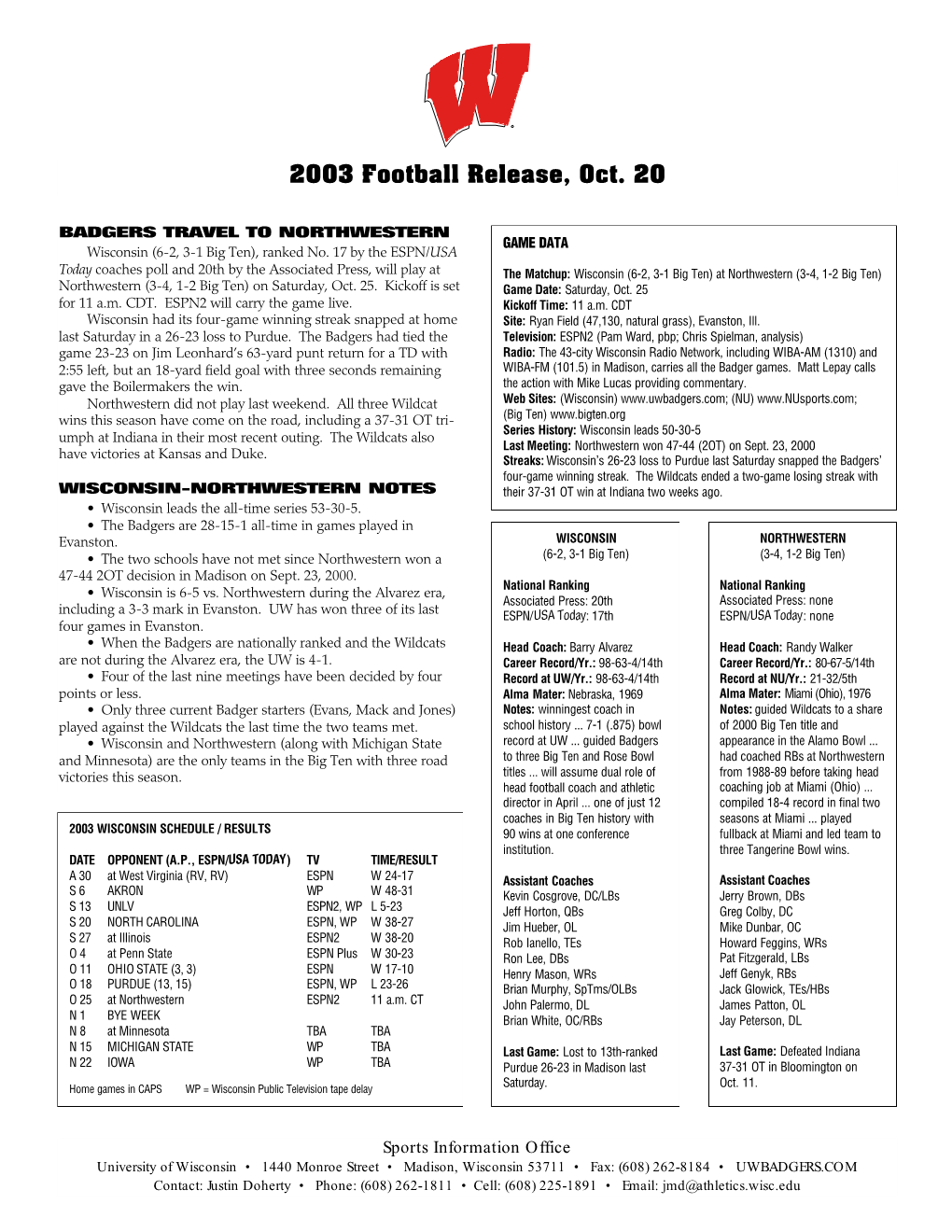 2003 Football Release, Oct. 20