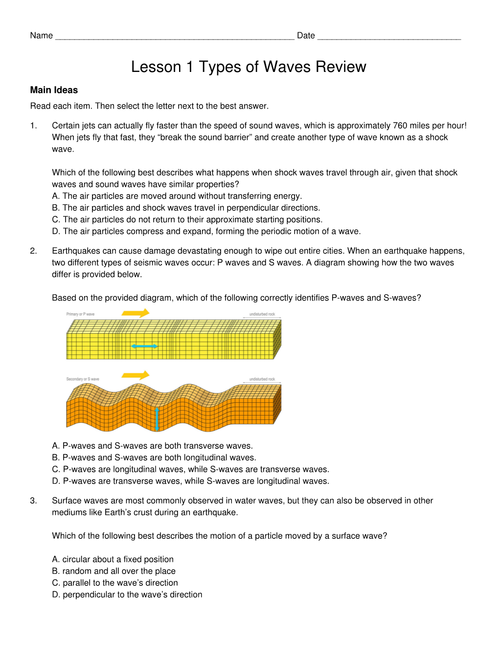 Lesson 1 Types of Waves Review