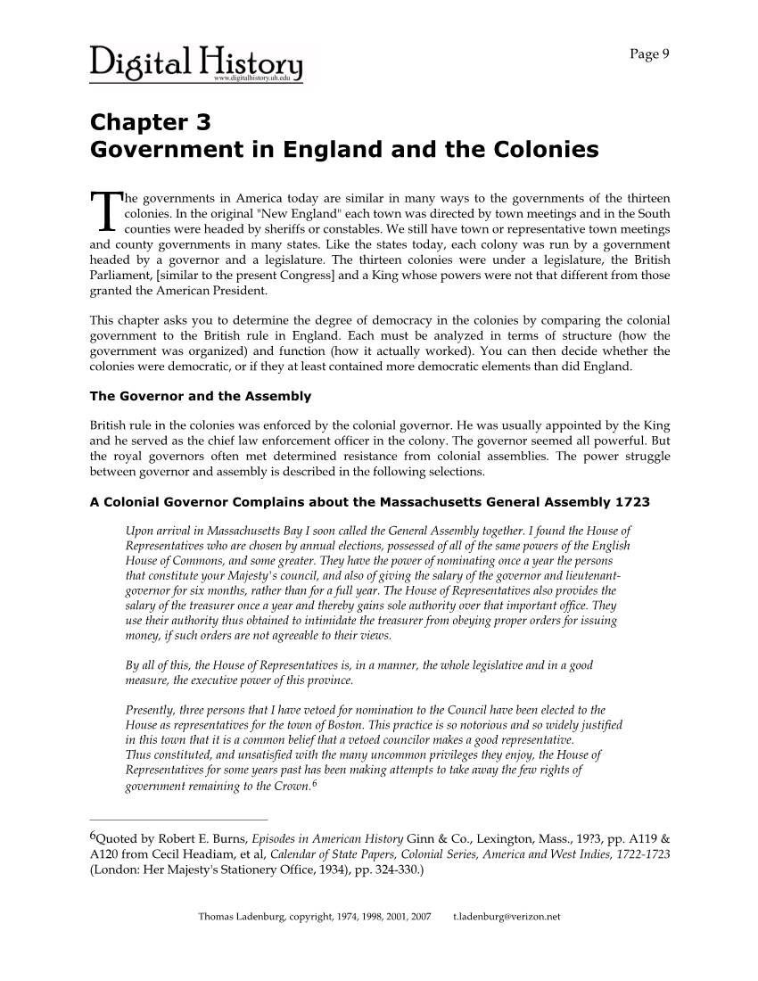 Government in England and the Colonies
