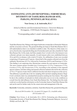 Estimating Ants (Hymenoptera: Formicidae) Diversity of Tasek Bera Ramsar Site, Pahang, Peninsular Malaysia