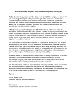 SZBA Statement in Response to the Attack on Congress of January 6Th