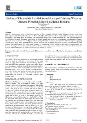 Healing of Discernible Brackish from Municipal Drinking Water by Charcoal Filtration Method at Jijgiga, Ethiopia Udhaya Kumar