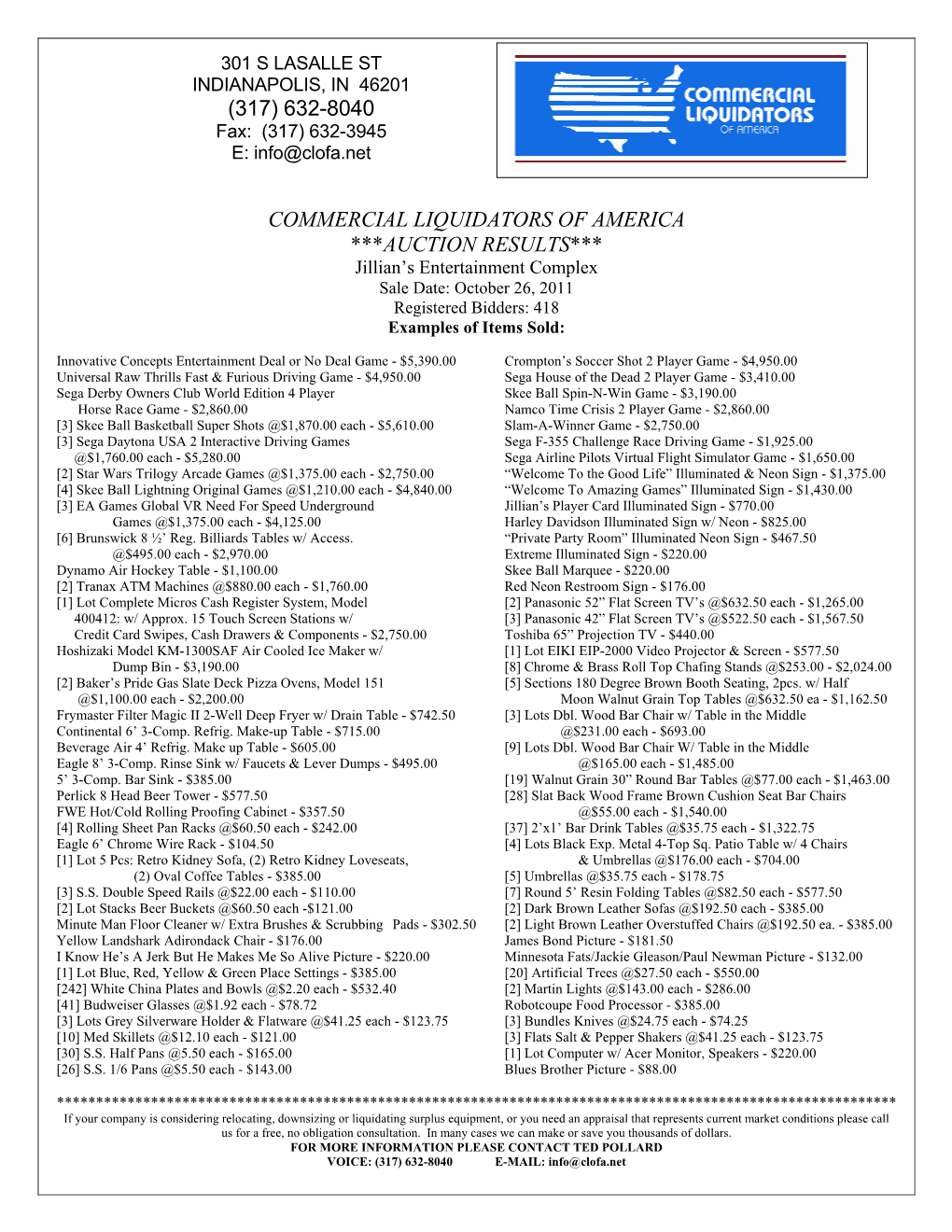 COMMERCIAL LIQUIDATORS of AMERICA ***AUCTION RESULTS*** Jillian’S Entertainment Complex Sale Date: October 26, 2011 Registered Bidders: 418 Examples of Items Sold