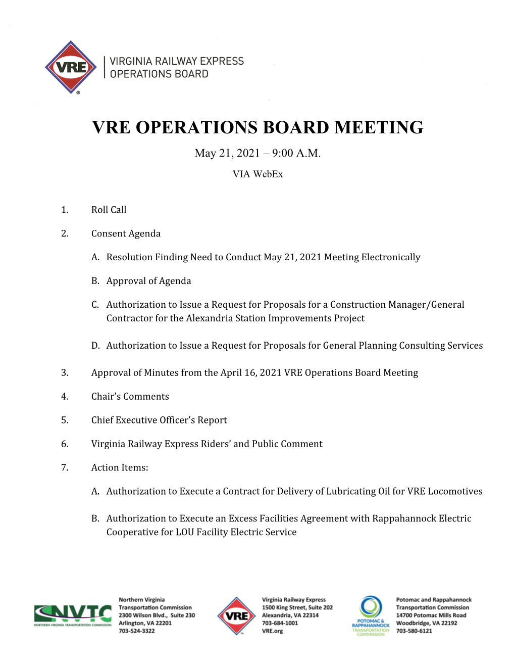 VRE OPERATIONS BOARD MEETING May 21, 2021 – 9:00 A.M