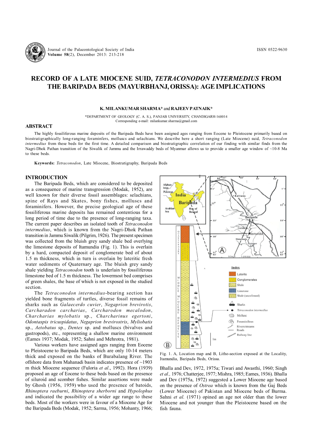Record of a Late Miocene Suid, Tetraconodon Intermedius from the Baripada Beds (Mayurbhanj, Orissa): Age Implications