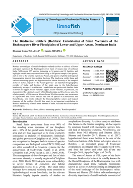 Rotifera: Eurotatoria) of Small Wetlands of the Brahmaputra River Floodplains of Lower and Upper Assam, Northeast India