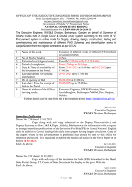 The Executive Engineer, RWS&S Division, Berhampur, Ganjam on Behalf of Governor of Odisha Invites Bids in Single Cover &