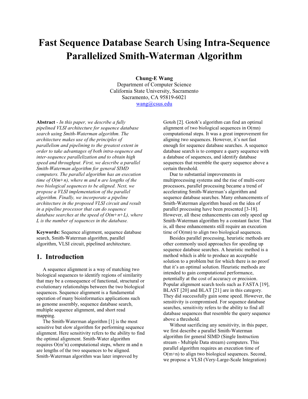 Fast Sequence Database Search Using Intra-Sequence Parallelized Smith-Waterman Algorithm