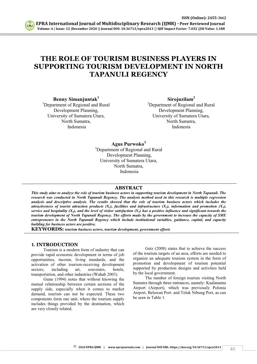 The Role of Tourism Business Players in Supporting Tourism Development in North Tapanuli Regency