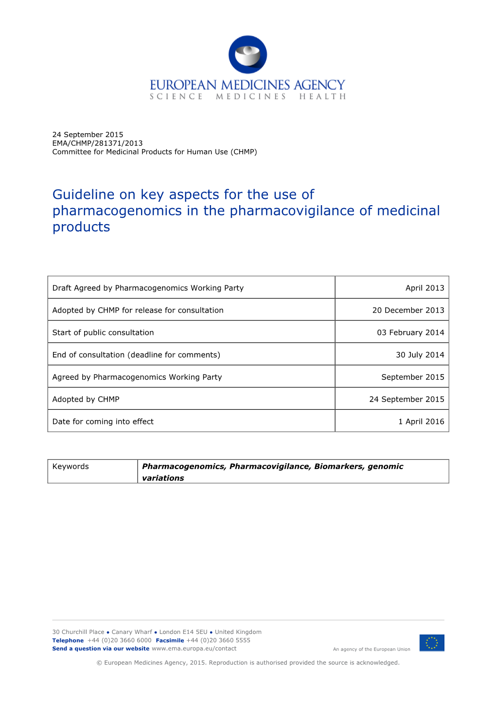 Guideline on Key Aspects for the Use of Pharmacogenomics in the Pharmacovigilance of Medicinal Products