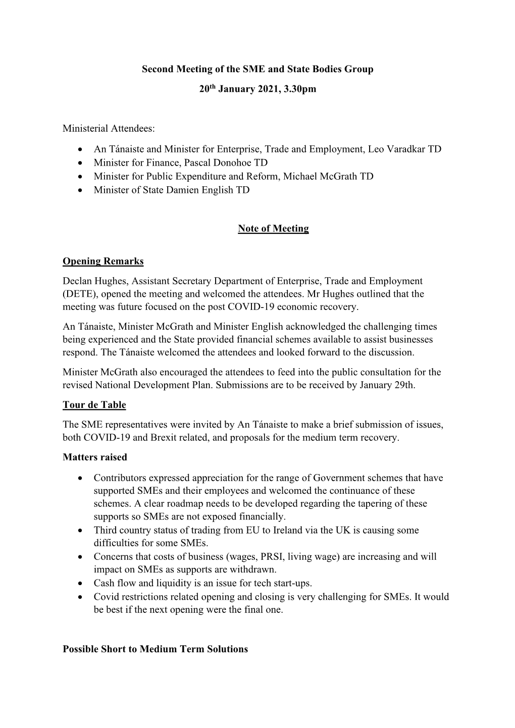 Second Meeting of the SME and State Bodies Group 20Th January 2021, 3.30Pm Ministerial Attendees: • an Tánaiste and Minister
