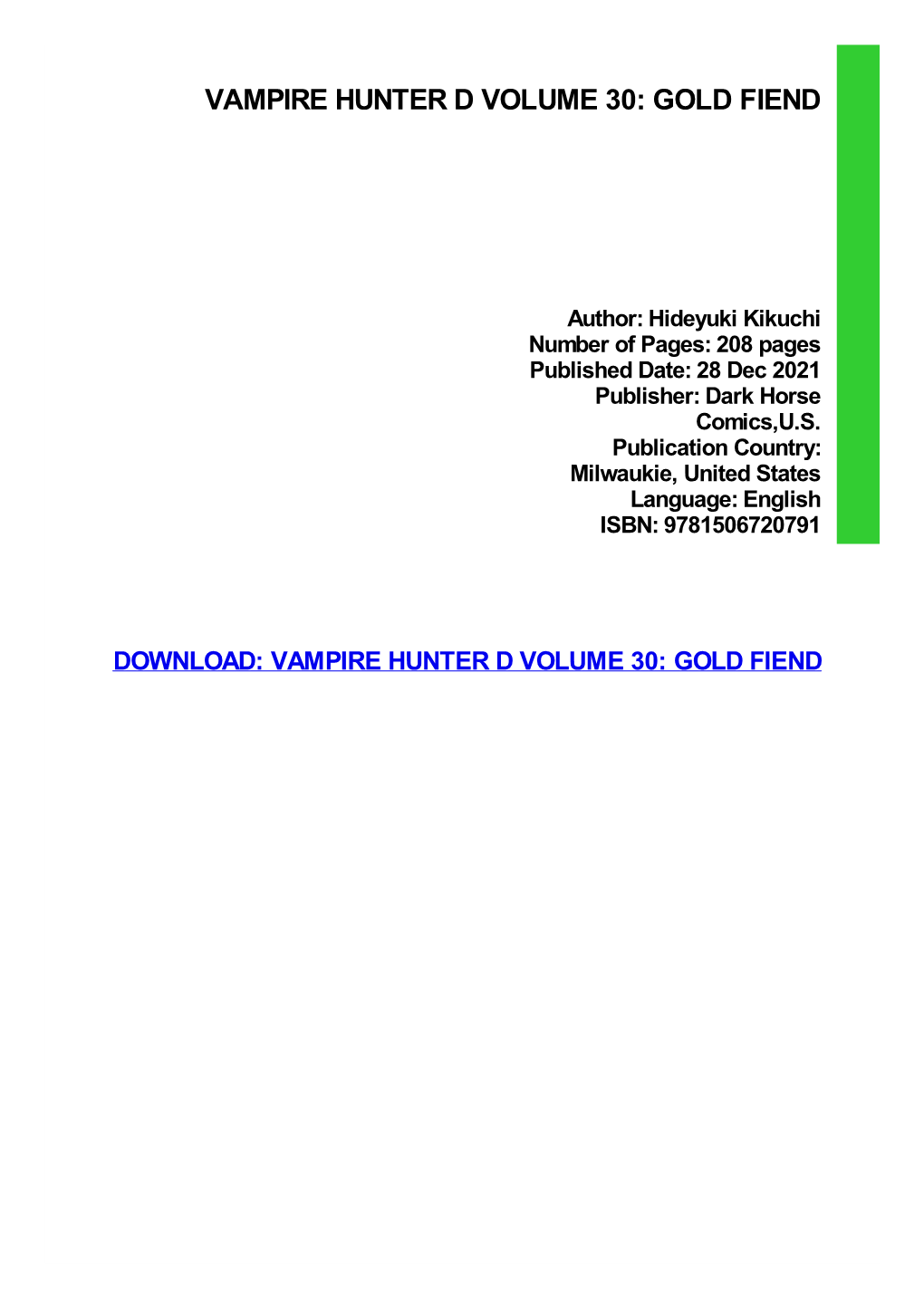 Vampire Hunter D Volume 30: Gold Fiend Ebook