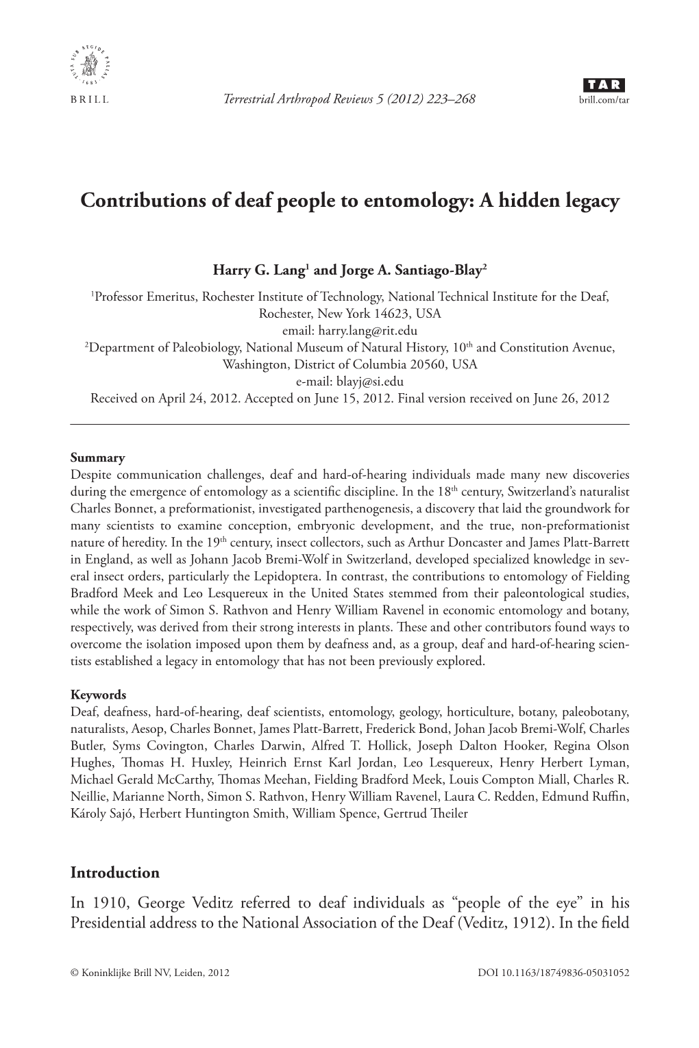 Contributions of Deaf People to Entomology: a Hidden Legacy