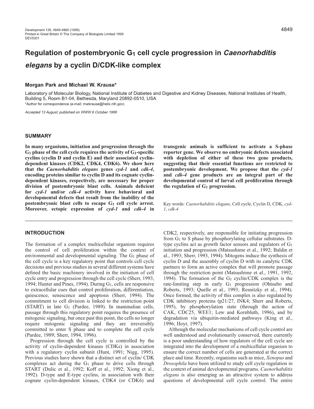 C. Elegans G1 Cyclin/CDK 4851 Primers MP 164 (5′-CCAAAACAATGCCGCATATTCCGAC-3′) and A