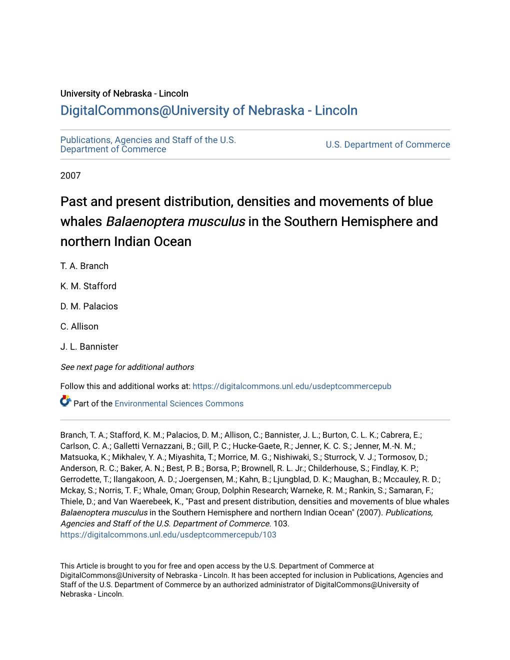 Past and Present Distribution, Densities and Movements of Blue Whales Balaenoptera Musculus in the Southern Hemisphere and Northern Indian Ocean