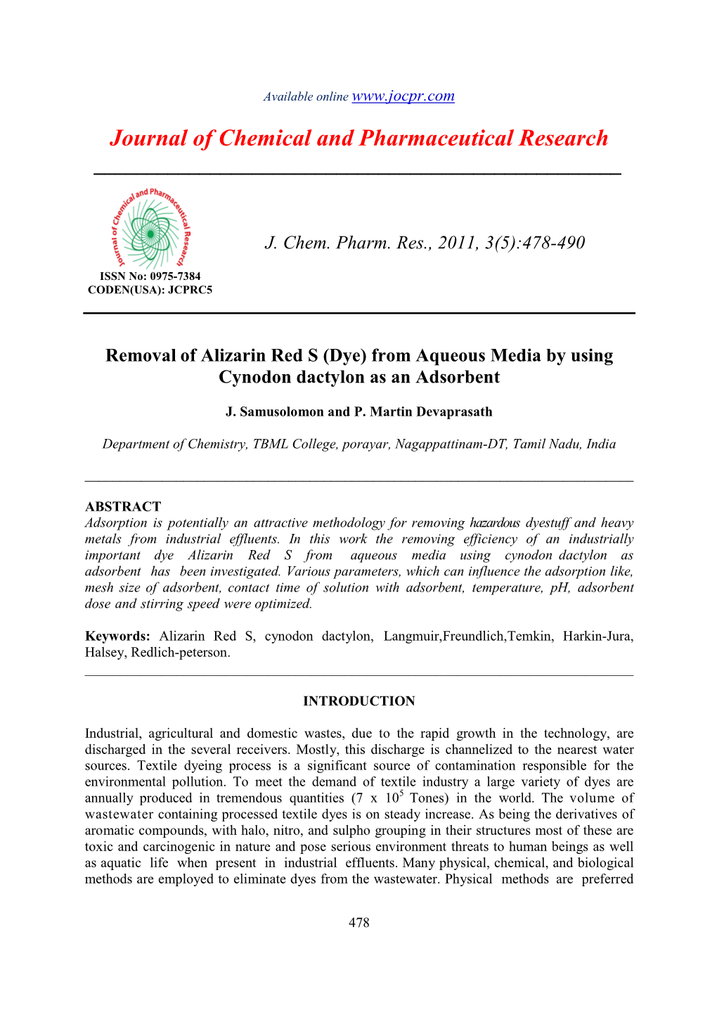 Removal of Alizarin Red S (Dye) from Aqueous Media by Using Cynodon Dactylon As an Adsorbent