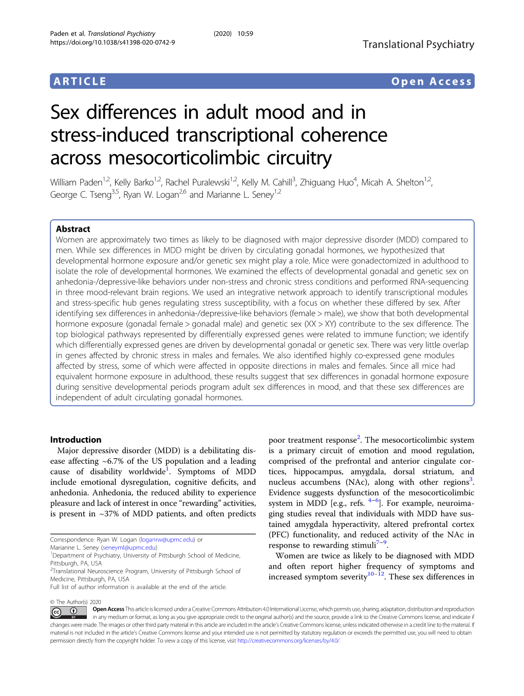 Sex Differences in Adult Mood and in Stress-Induced Transcriptional