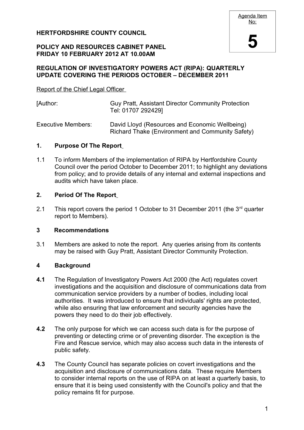 Policy, Resources & Performance Cabinet Panel Friday 10 February 2012 at 10.00Am Item 5