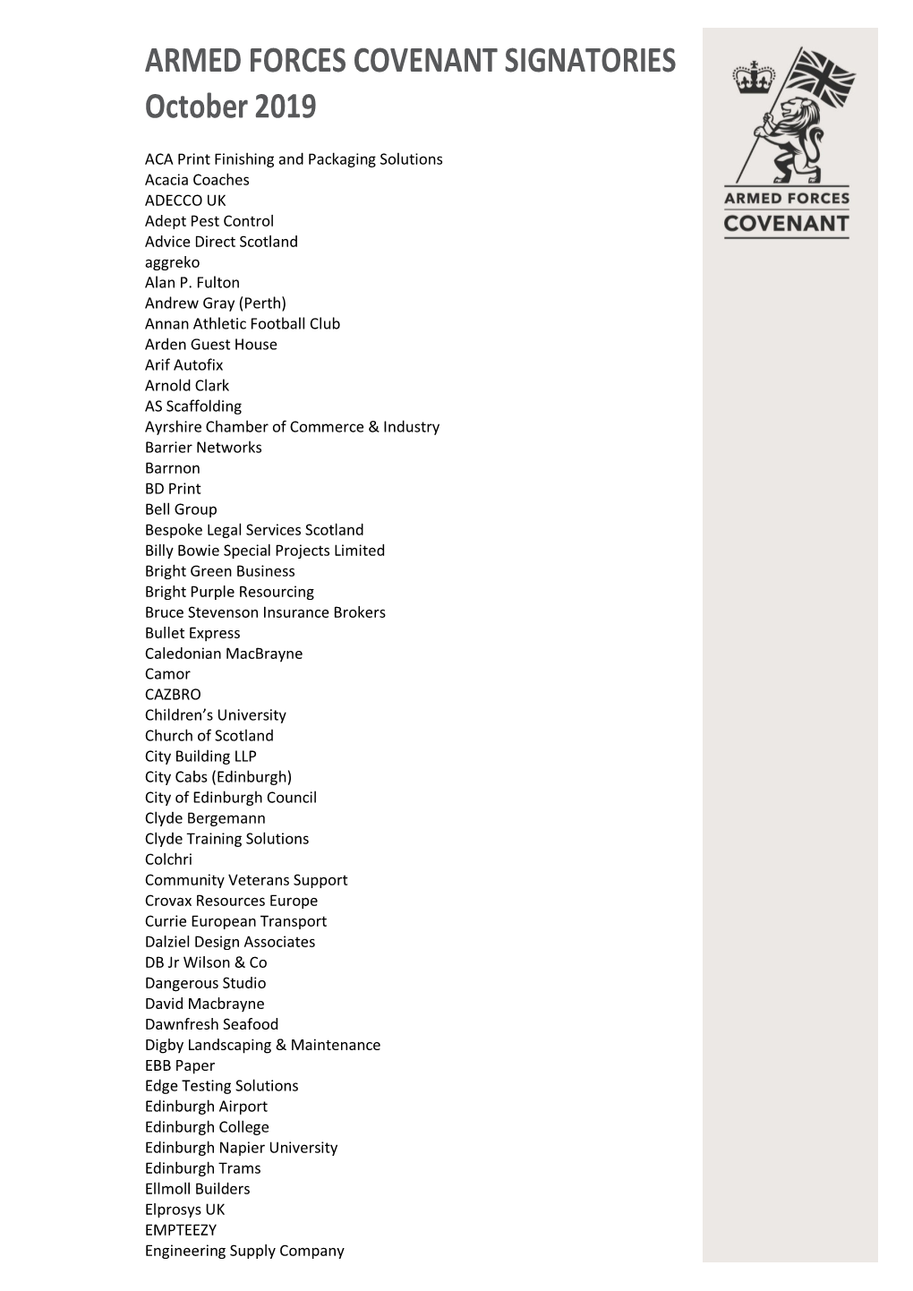 ARMED FORCES COVENANT SIGNATORIES October 2019