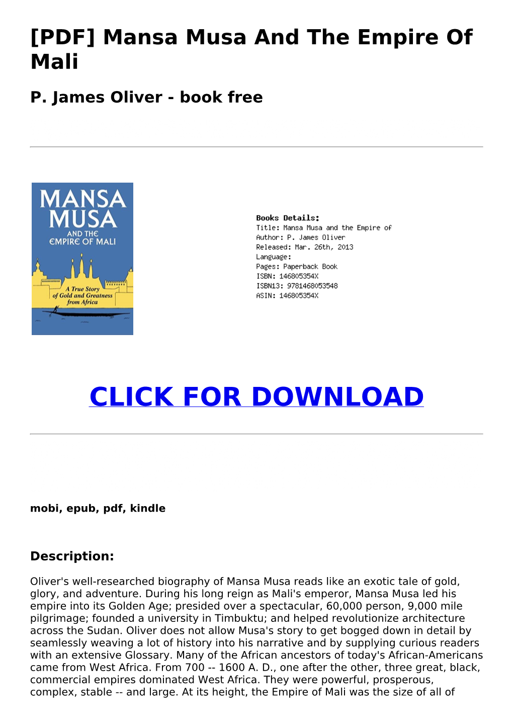 [PDF] Mansa Musa and the Empire of Mali P. James Oliver