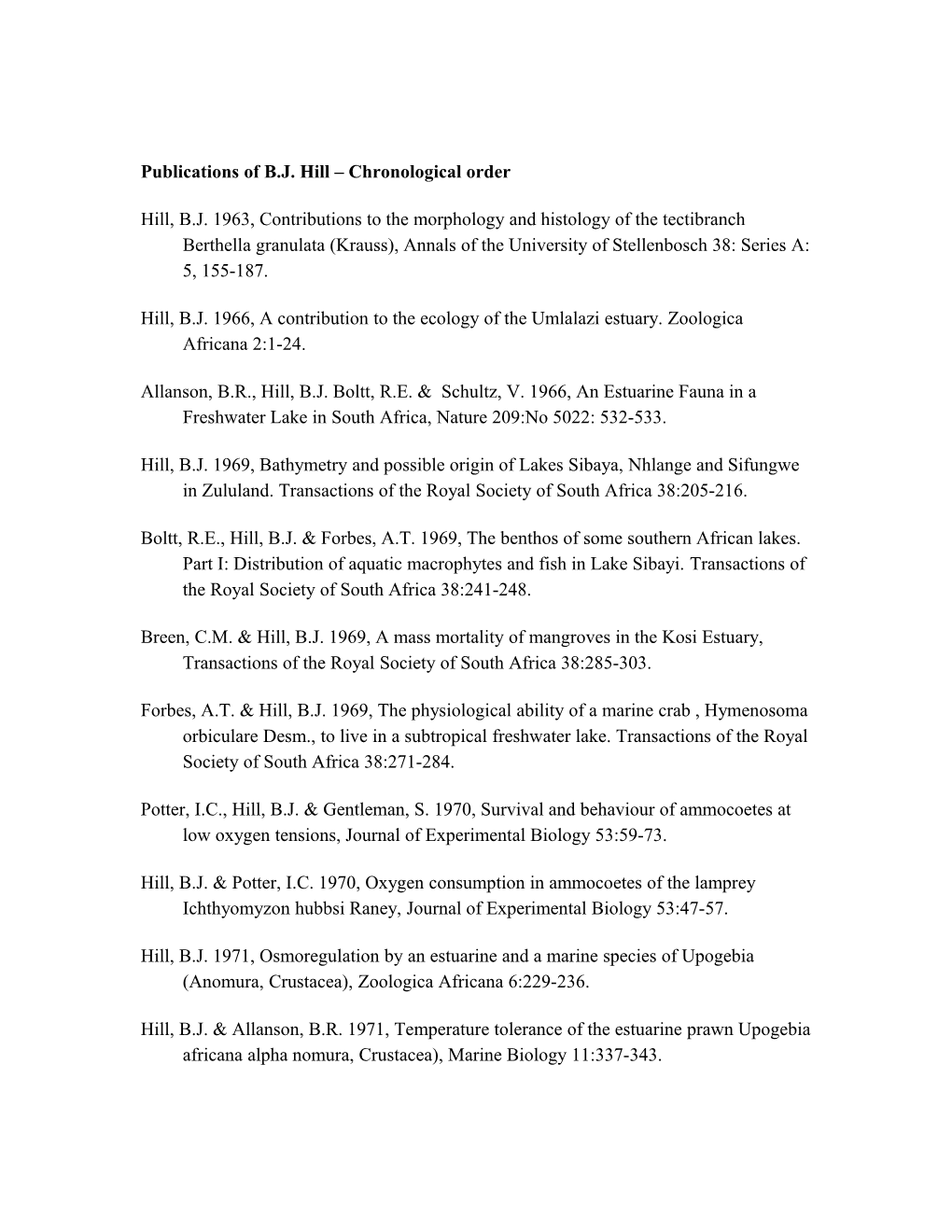 Publications of B.J. Hill Chronological Order