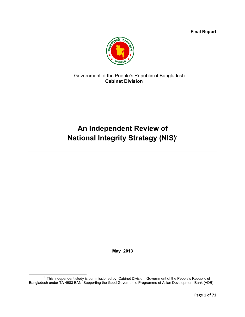 An Independent Review of National Integrity Strategy (NIS)1