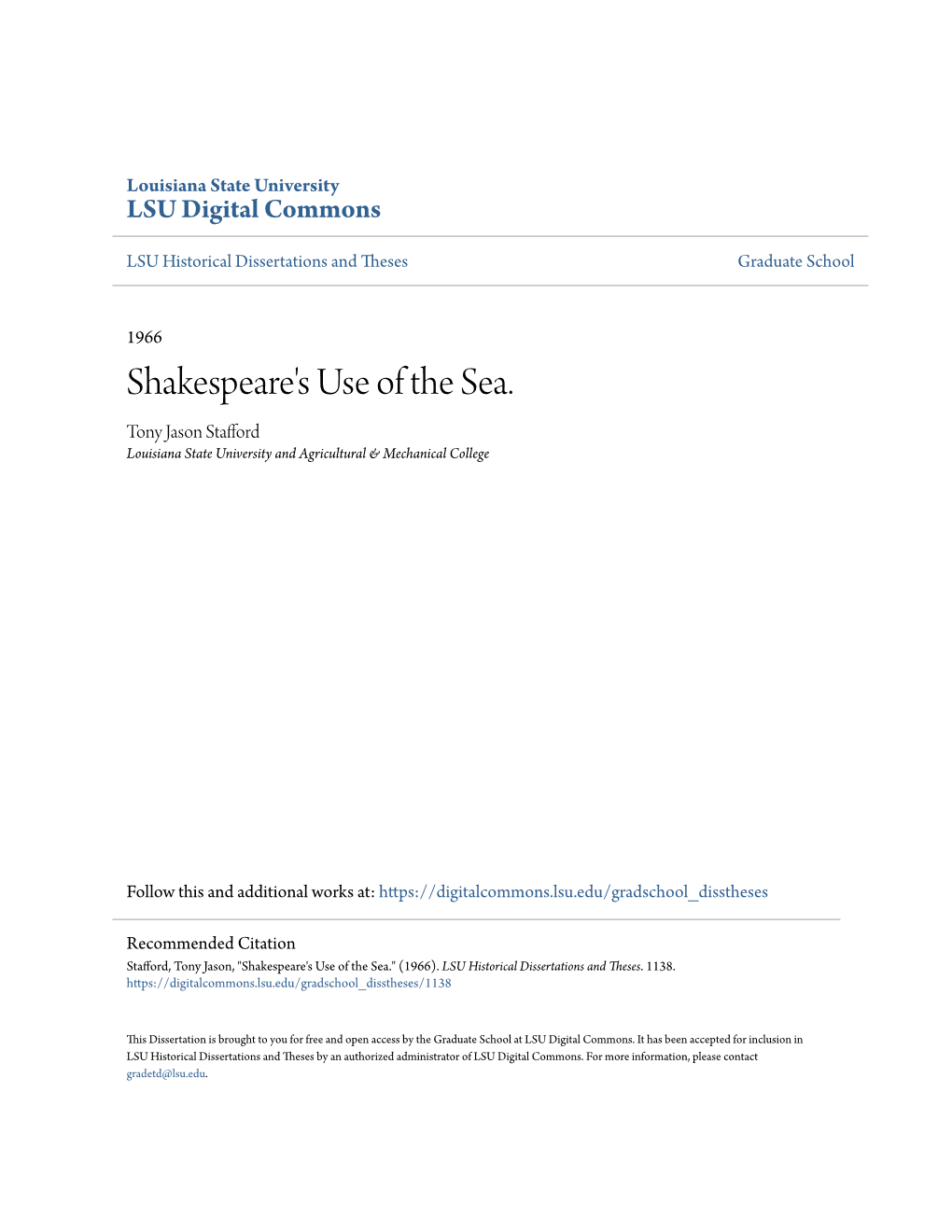 Shakespeare's Use of the Sea. Tony Jason Stafford Louisiana State University and Agricultural & Mechanical College