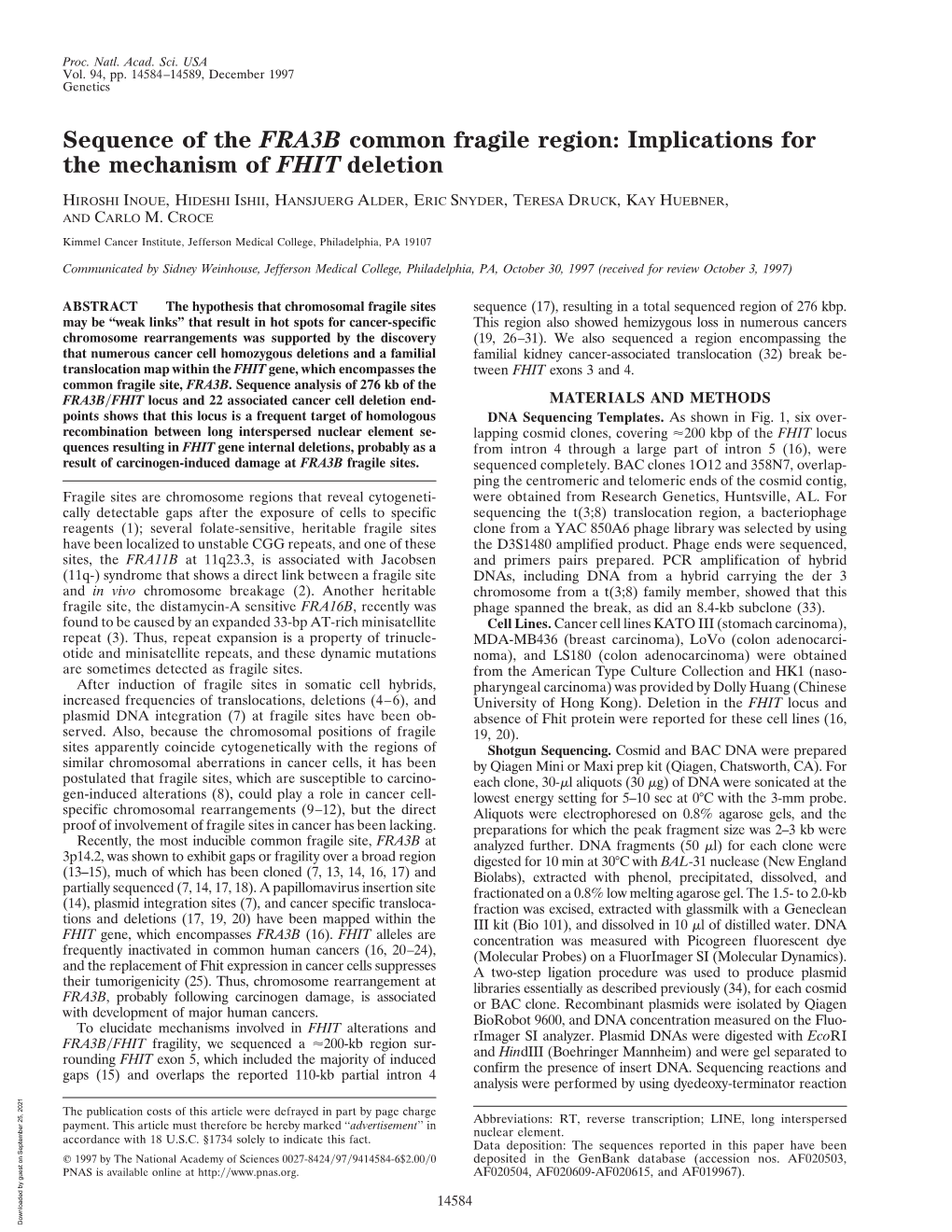 Sequence of the FRA3B Common Fragile Region: Implications for the Mechanism of FHIT Deletion