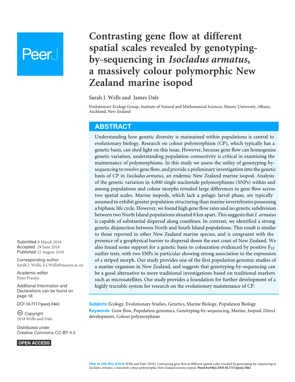 Contrasting Gene Flow at Different Spatial Scales Revealed by Genotyping- By-Sequencing in Isocladus Armatus, a Massively Colour Polymorphic New Zealand Marine Isopod