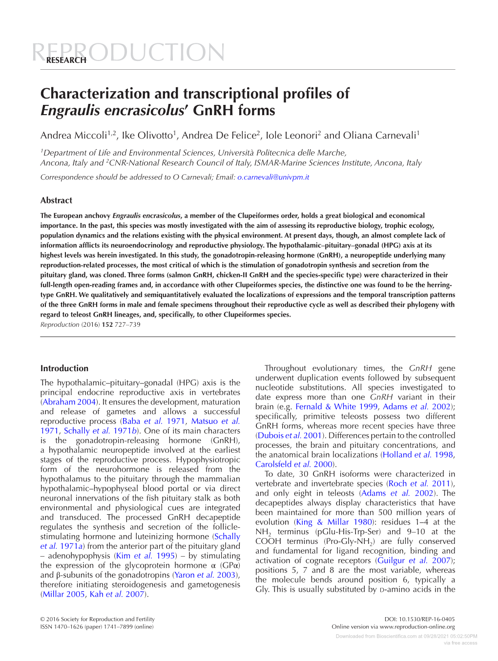 Characterization and Transcriptional Profiles of Engraulis Encrasicolus’ Gnrh Forms