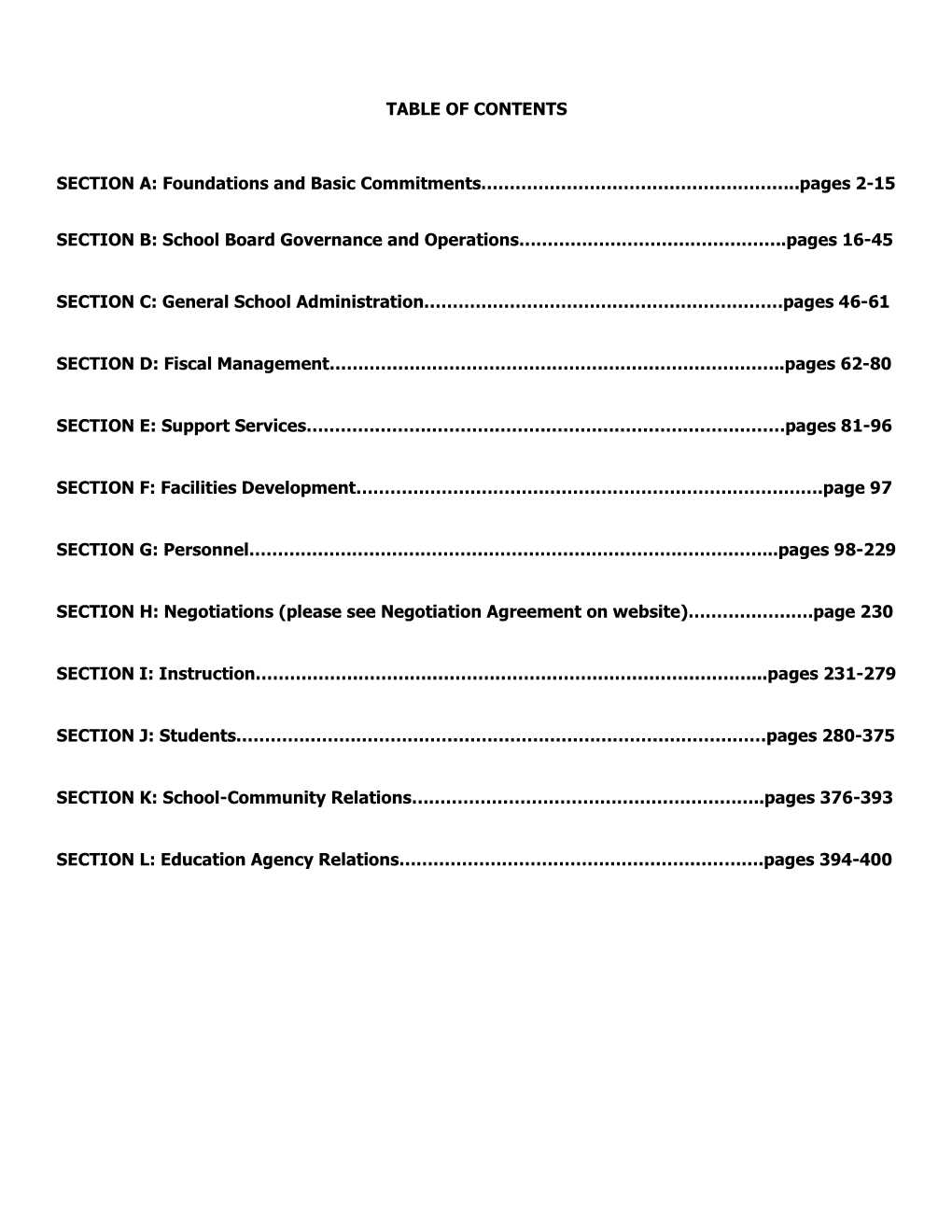 Table of Contents Section A