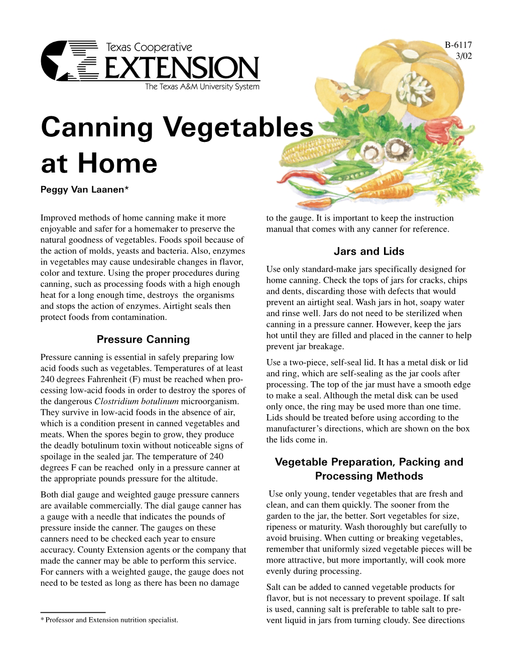 Canning Vegetables at Home Peggy Van Laanen*