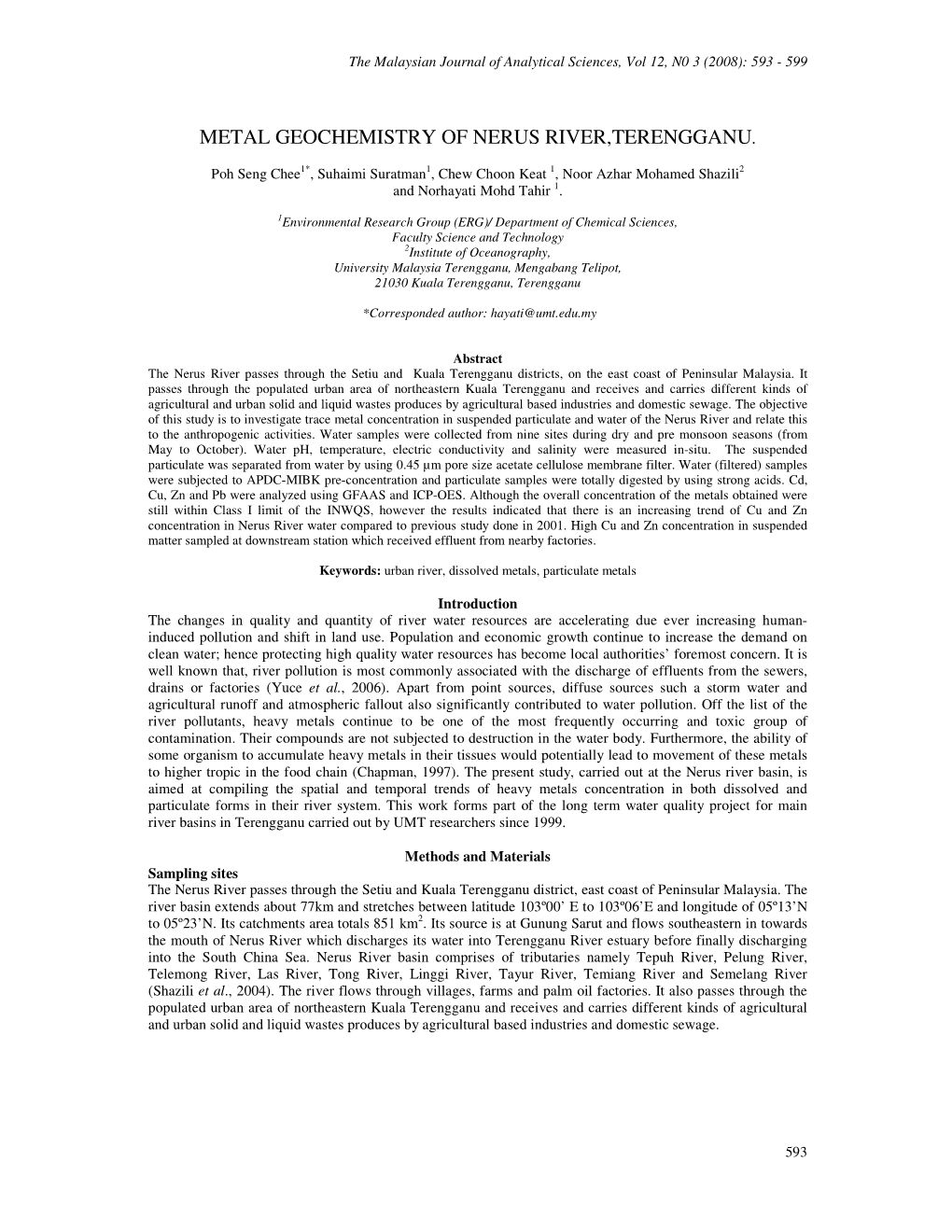 Metal Geochemistry of Nerus River,Terengganu