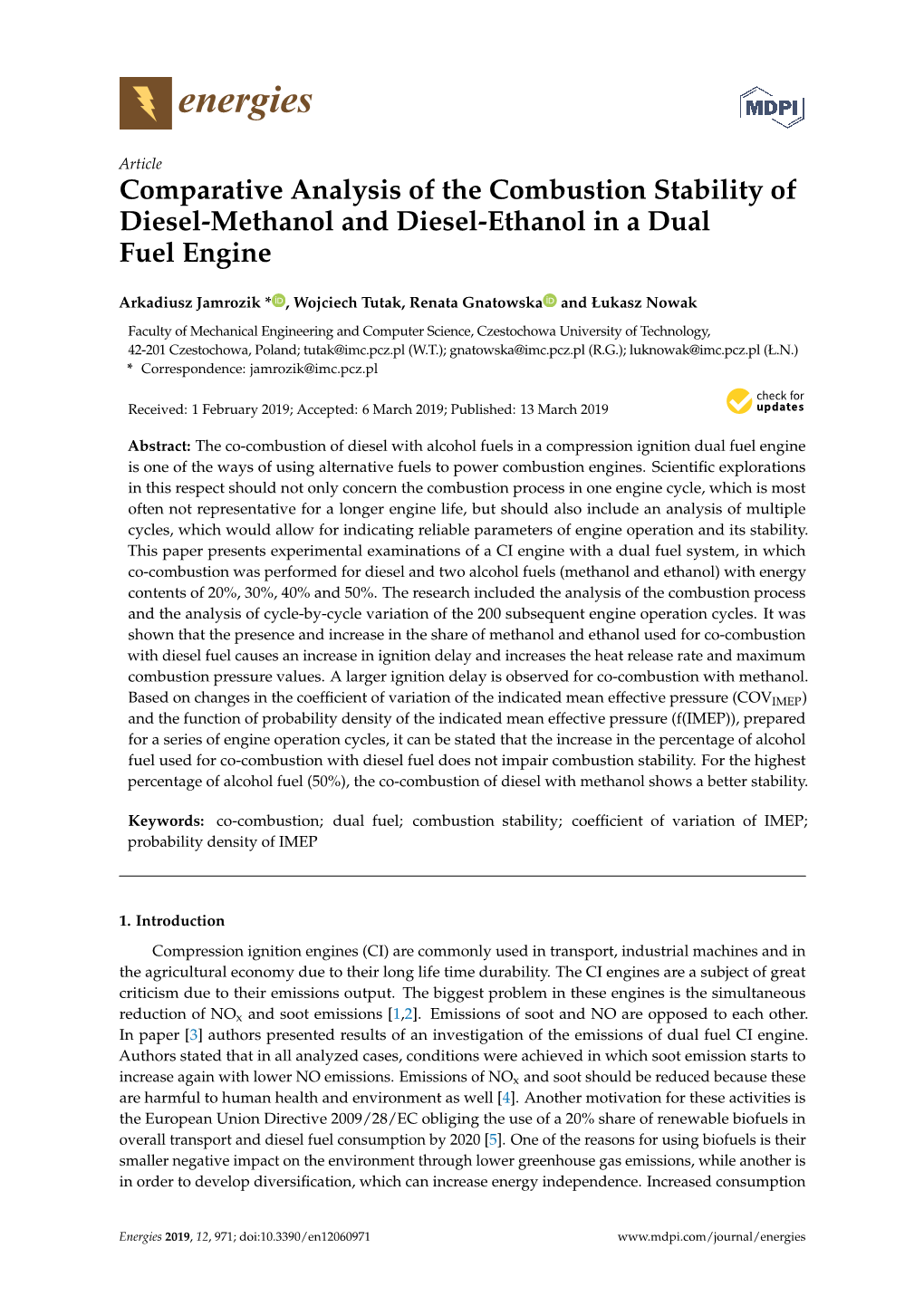 Comparative Analysis of the Combustion Stability of Diesel-Methanol and Diesel-Ethanol in a Dual Fuel Engine