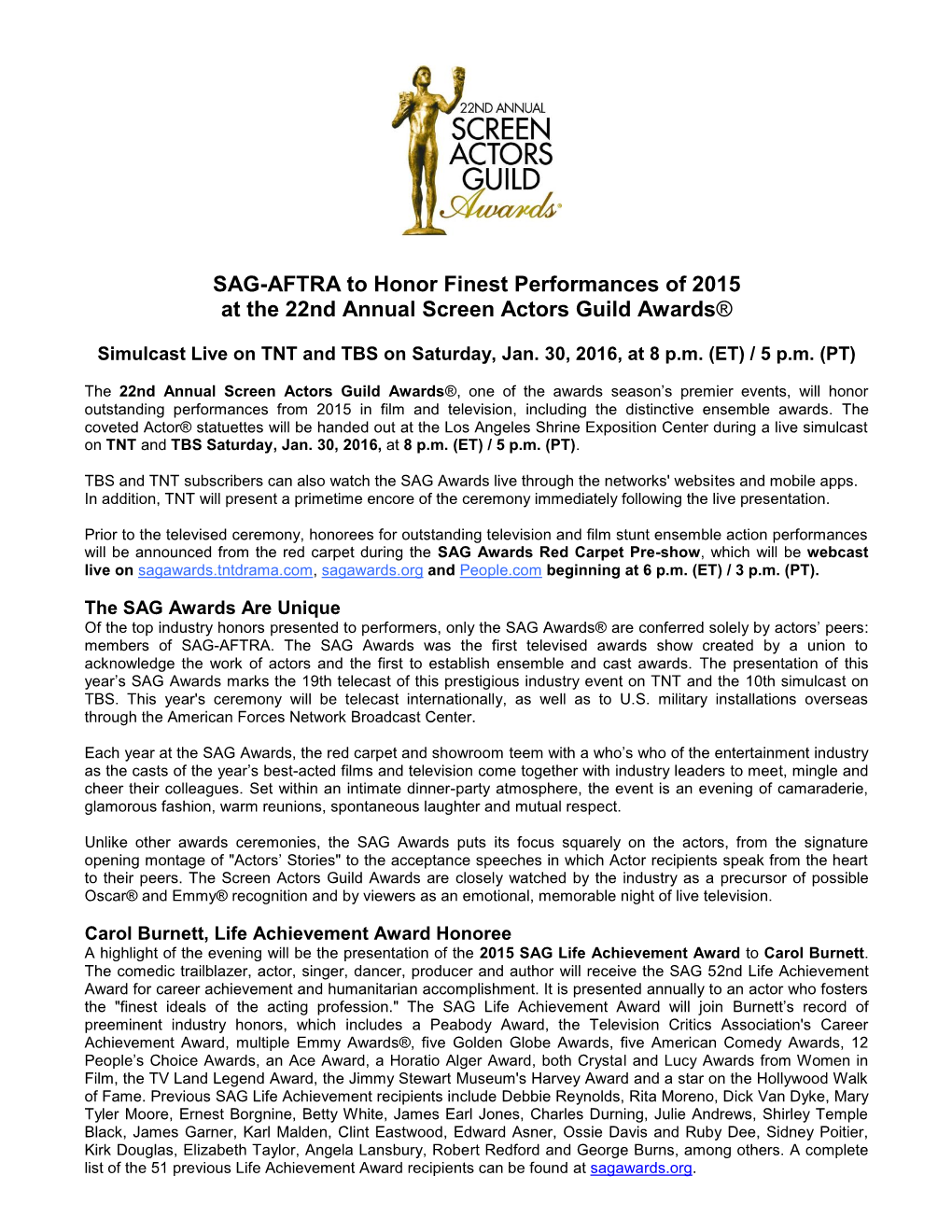 SAG-AFTRA to Honor Finest Performances of 2015 at the 22Nd Annual Screen Actors Guild Awards®