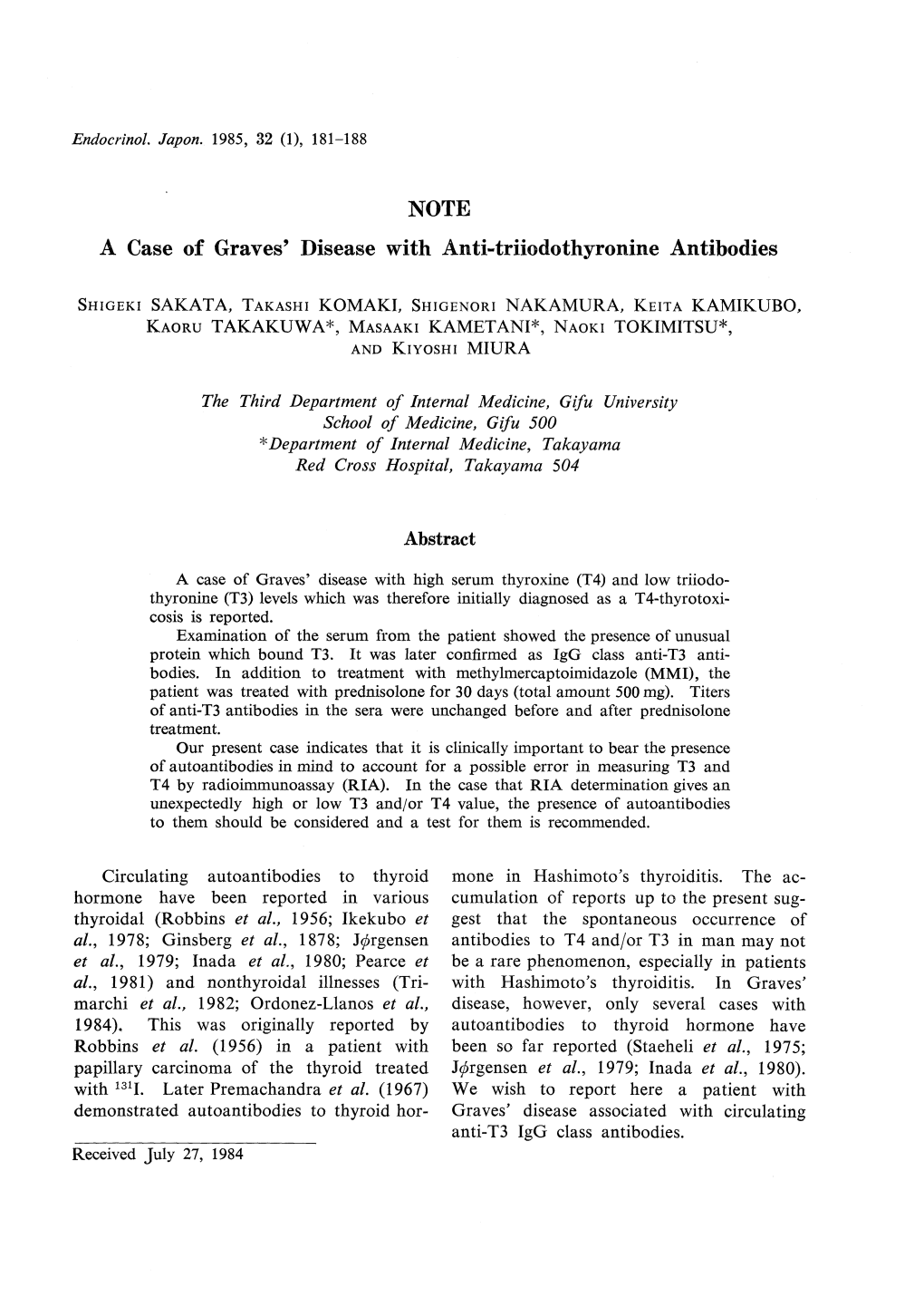 NOTE a Case of Graves' Disease with Anti-Triiodothyronine Antibodies The