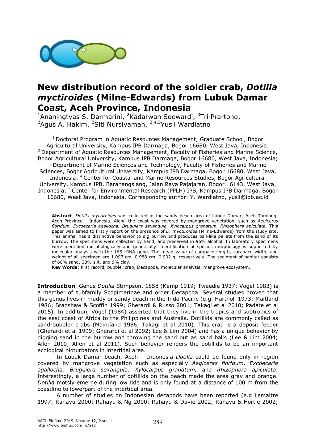 New Distribution Record of the Soldier Crab, Dotilla Myctiroides (Milne-Edwards) from Lubuk Damar Coast, Aceh Province, Indonesia 1Ananingtyas S