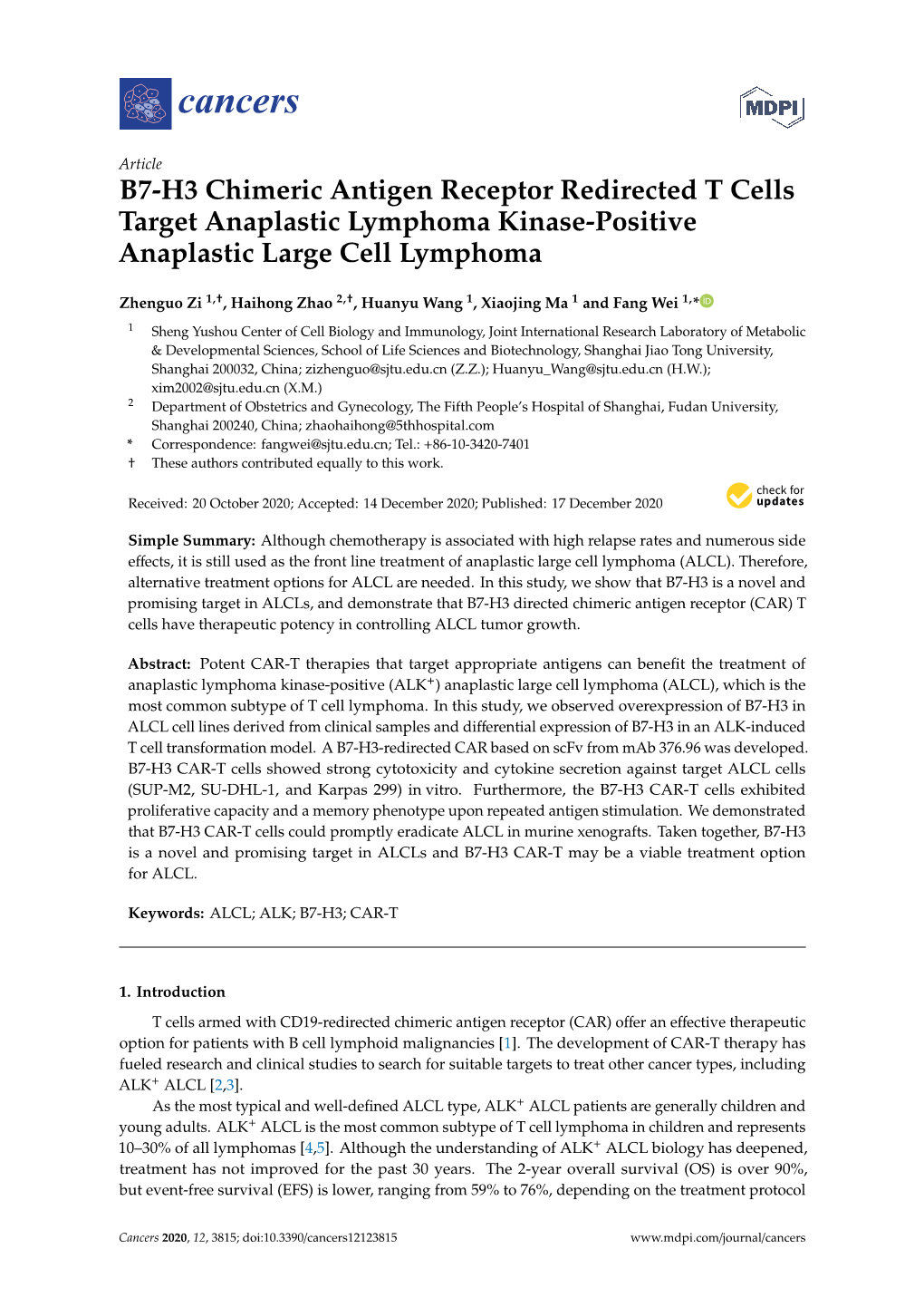 B7-H3 Chimeric Antigen Receptor Redirected T Cells Target Anaplastic Lymphoma Kinase-Positive Anaplastic Large Cell Lymphoma
