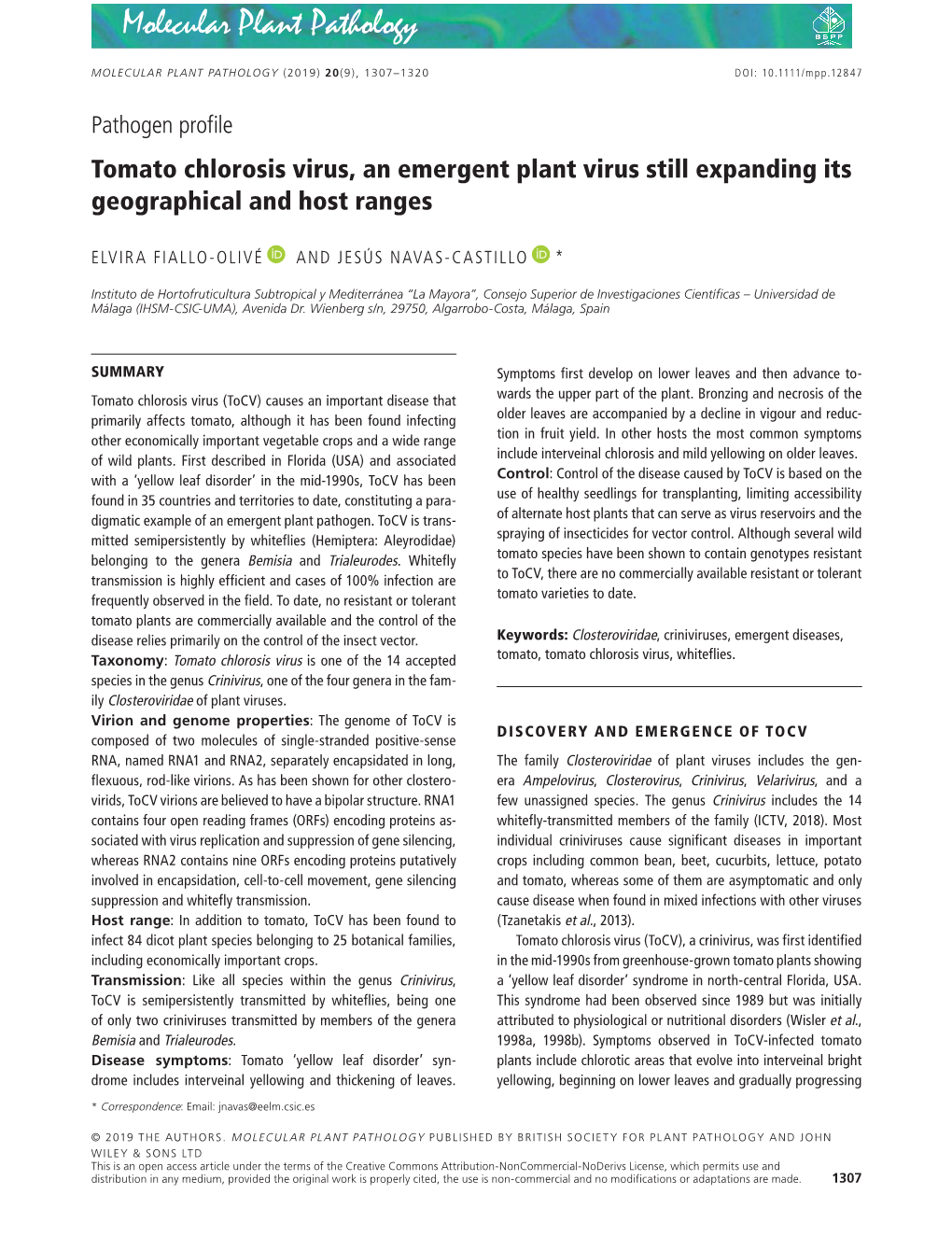 Tomato Chlorosis Virus, an Emergent Plant Virus Still Expanding Its Geographical and Host Ranges