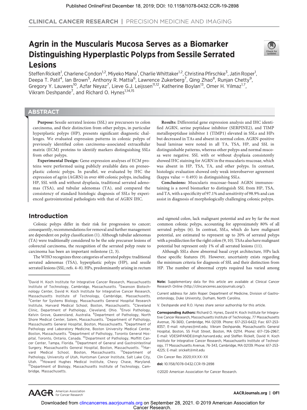 Agrin in the Muscularis Mucosa Serves As a Biomarker